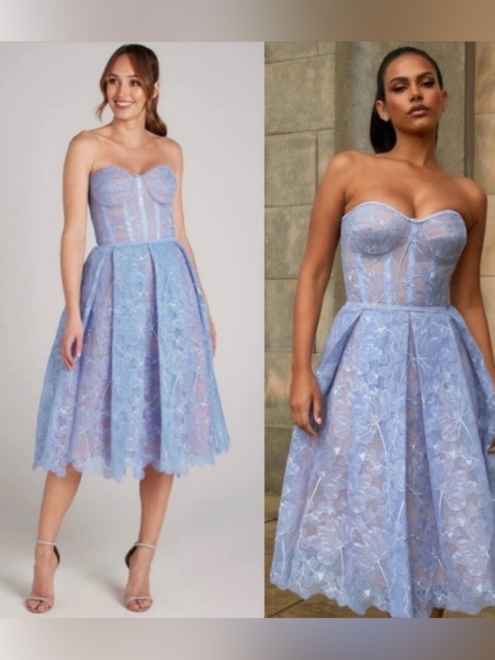 NADINE MERABI Strapless Lace Midi Dress in Icy Blue